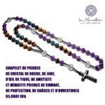 CHAPELET DE PIERRES DE GRISTAL DE ROCHE. DE JADE D'IL DE TIGRE. DE AMETISTE ET HÉMATITE PRIERES DE COMBAT, DE PROTECTION. DE GRÂCES ET D'OUVERTURES