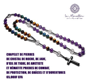 CHAPELET DE PIERRES DE GRISTAL DE ROCHE. DE JADE D'IL DE TIGRE. DE AMETISTE ET HÉMATITE PRIERES DE COMBAT, DE PROTECTION. DE GRÂCES ET D'OUVERTURES