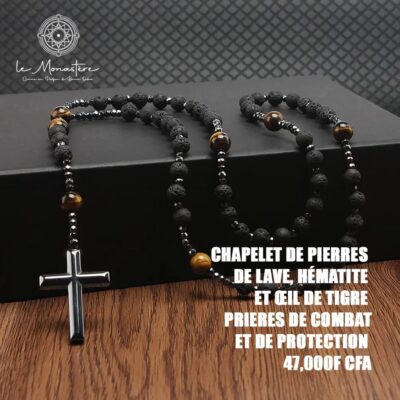 CHAPELET DE PIERRES DE LAVE HÉMATITE TET CIL DE TIGRE PRIERES DE COMBAT ET DE PROTECTION