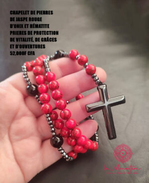 CHAPELET DE PIERRES DE JASPE ROUGE D'ONIX ET HÉMATITE PRIERES