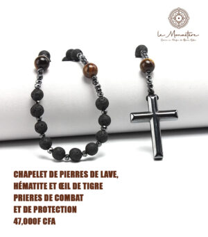 CHAPELET DE PIERRES DE LAVE, HÉMATITE ET CIL DE TIGRE PRIERES DE COMBAT ET DE PROTEGTION