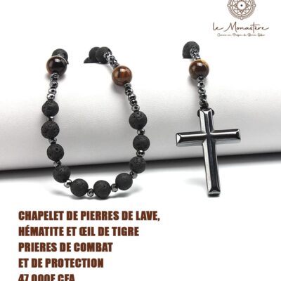 CHAPELET DE PIERRES DE LAVE, HÉMATITE ET CIL DE TIGRE PRIERES DE COMBAT ET DE PROTEGTION